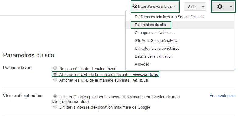 paramètres de site par défaut webmaster tools