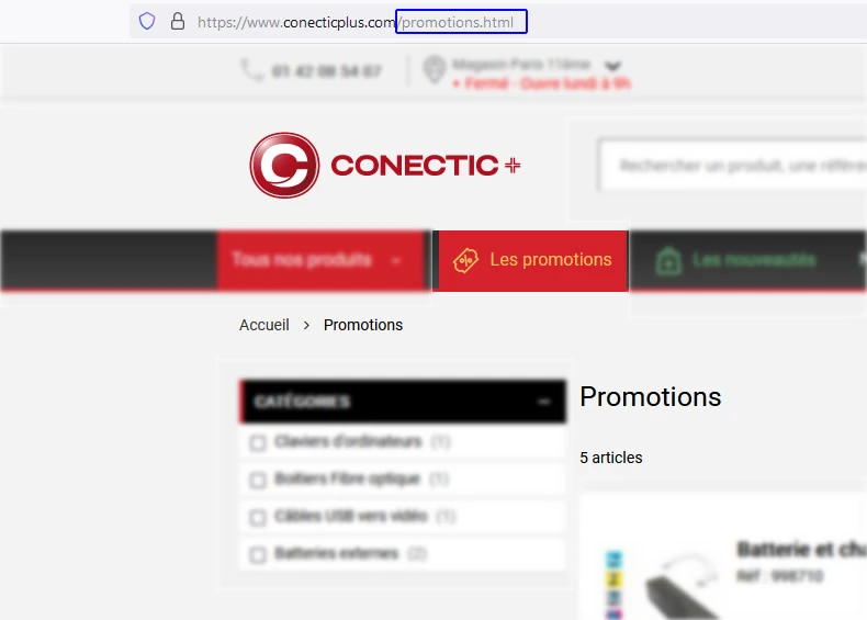 Exemple d'url SEO de catégorie de promotions ou de soldes