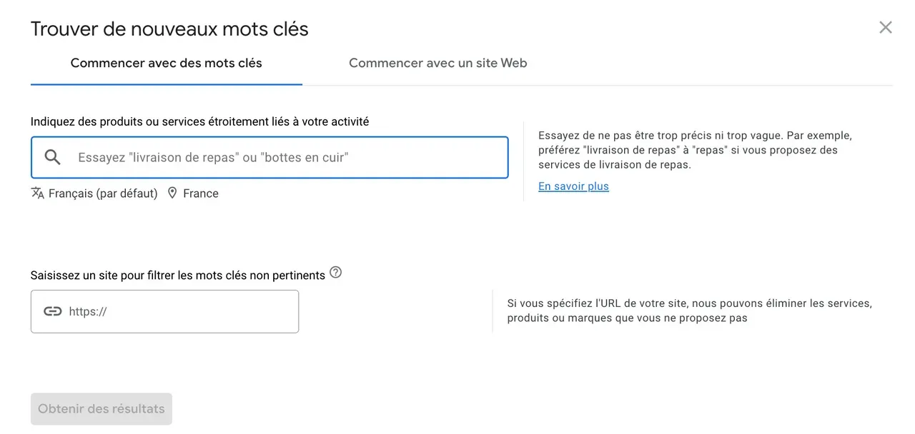 outil de planification de mots-clés google ads