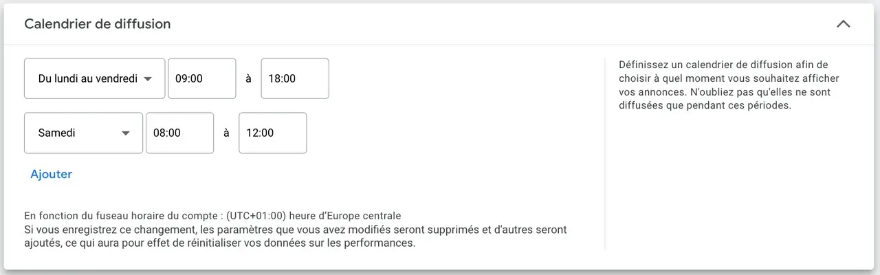 calendrier de diffusion google ads