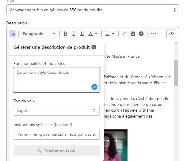 Outil d'intelligence artificielle de Shopify pour générer des descriptions produits