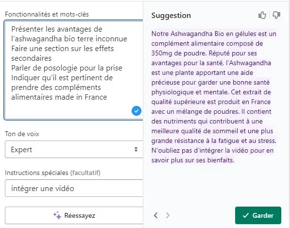 test de shopify magic pour la description produit