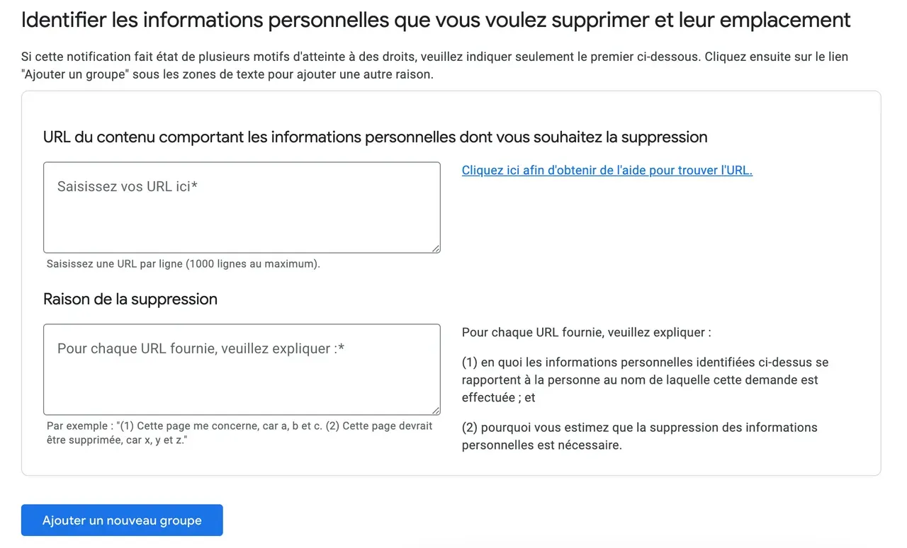 extrait formulaire droit à l'oubli google