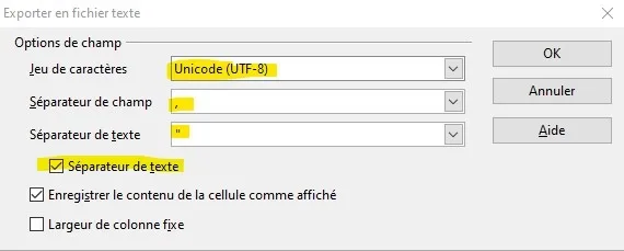 paramètres export open office