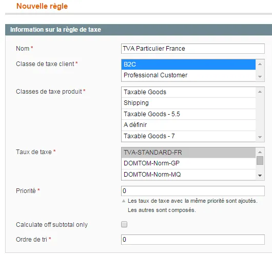 gestion des règles de taxe en back office