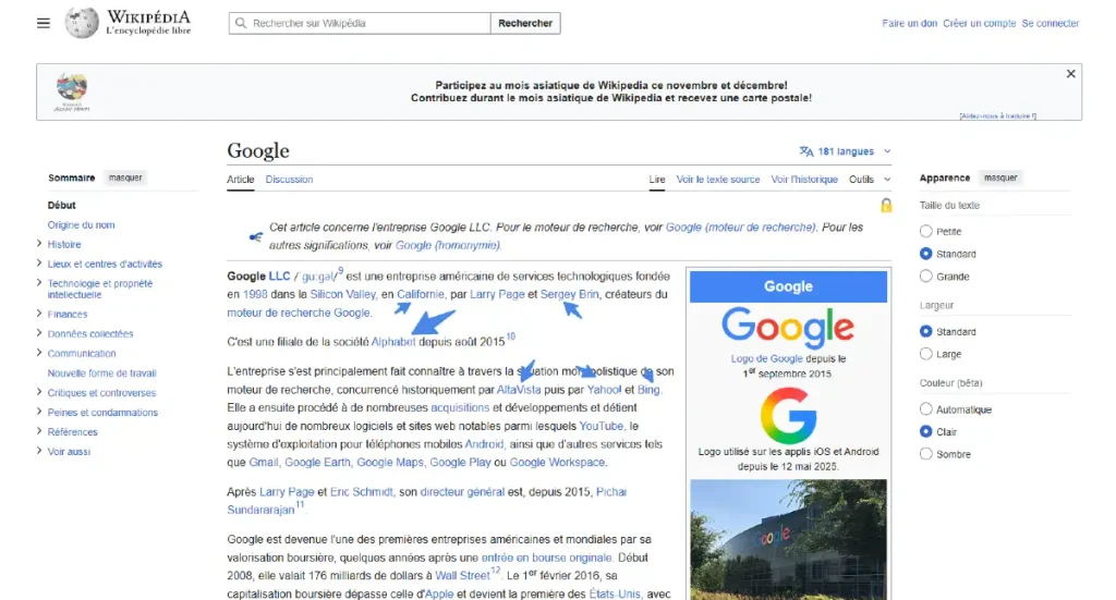 Exemple de page Wikipédia avec liens internes
