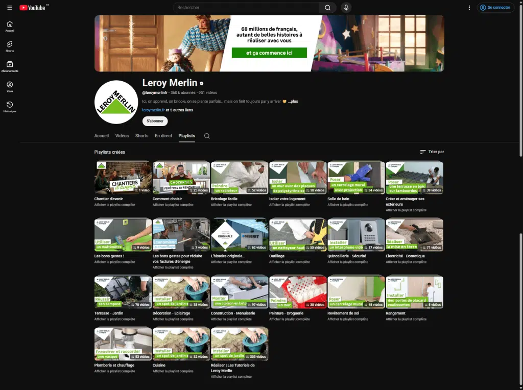 L'onglet playlist de la chaine YouTube de Leroy Merlin