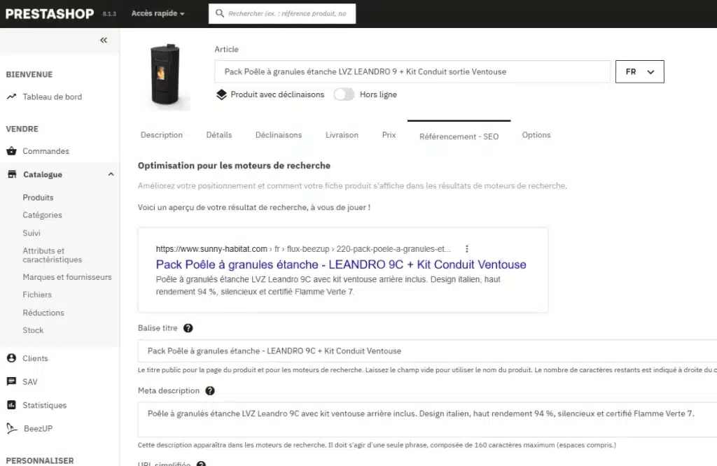 Optimisation de la balise titre d'une fiche produit Prestashop 8.1.3