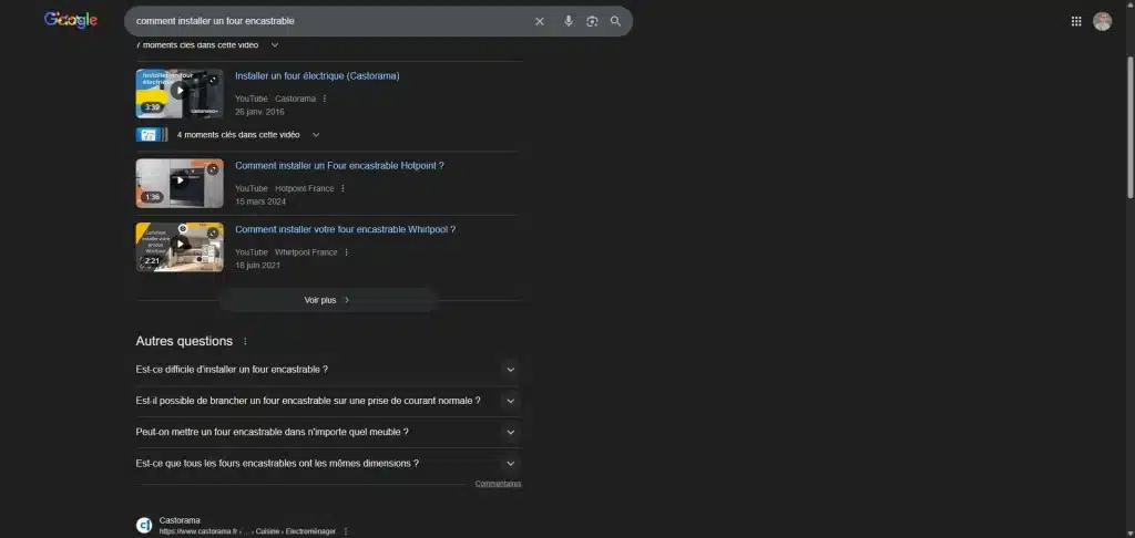 Exemple de type de résultats différents sur la recherche "comment installer un four encastrable"