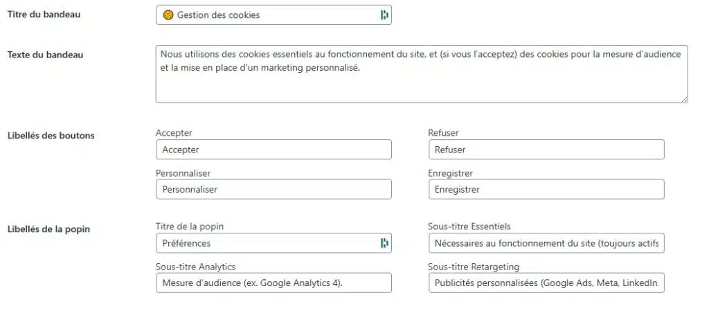 Configuration des libellés de la consent management platform