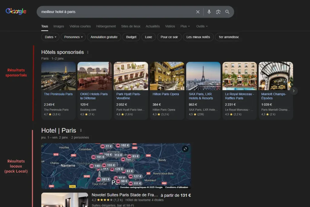 Exemple de résultat de recherche sur "meilleur hôtel paris"