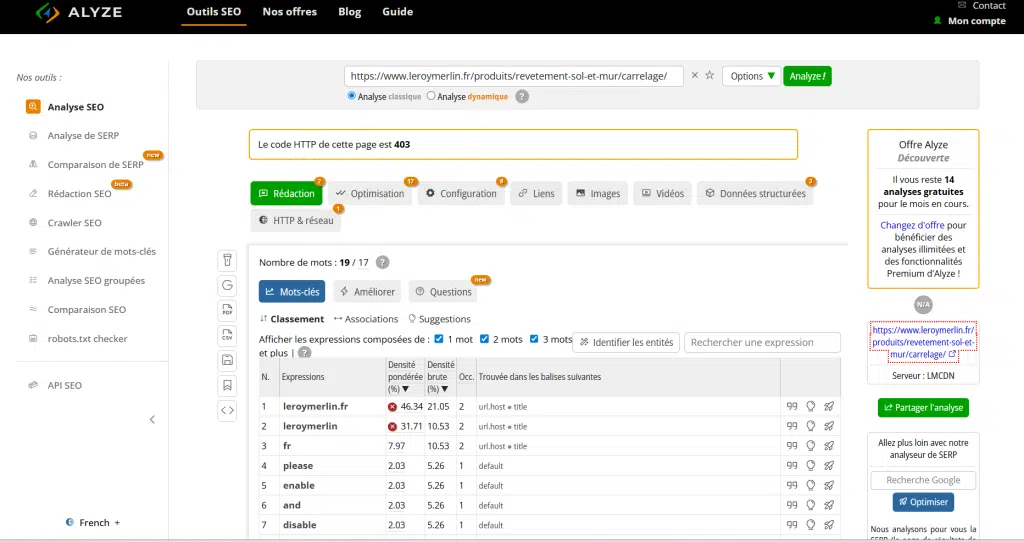 outil SEO gratuit alyze.info