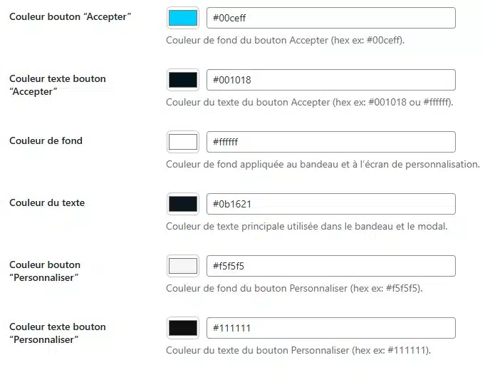 Configuration des couleurs de la CMP