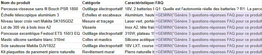 Générer des FAQ dans Google Sheets avec Gemini