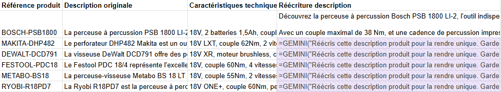 Réécrire des fiches produits dans Google Sheets avec Gemini