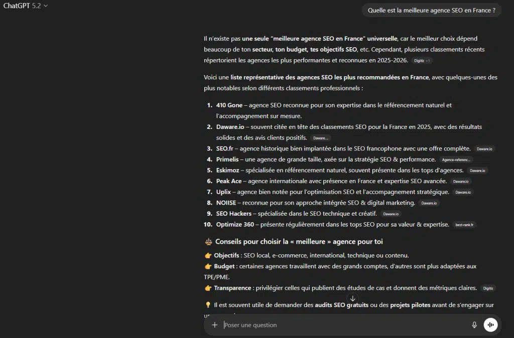 Interface ChatGPT affichant des réponses avec citations de sources concurrentes