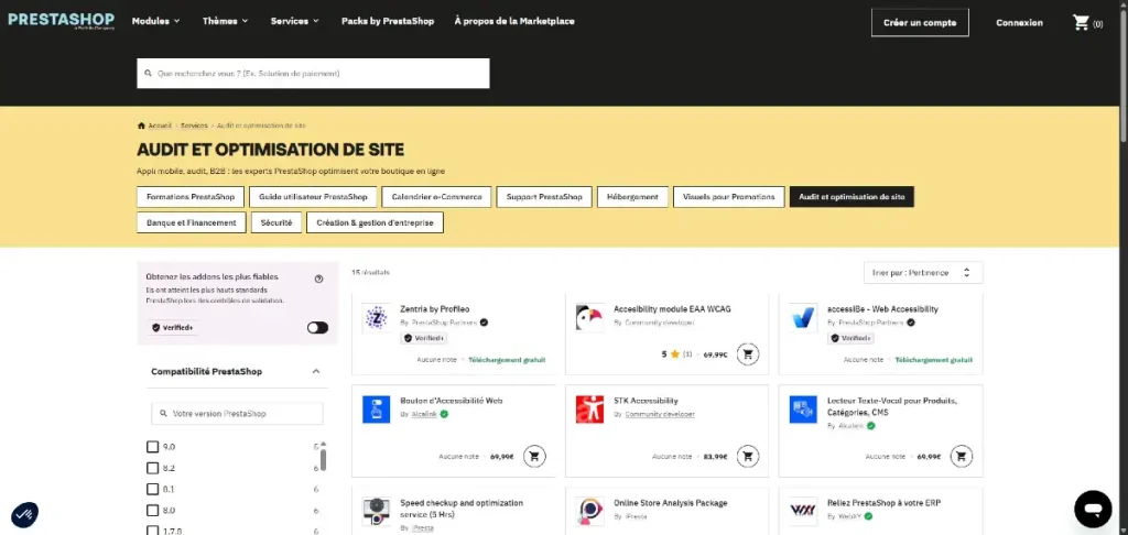 Marketplace des modules d'optimisation de site Prestashop