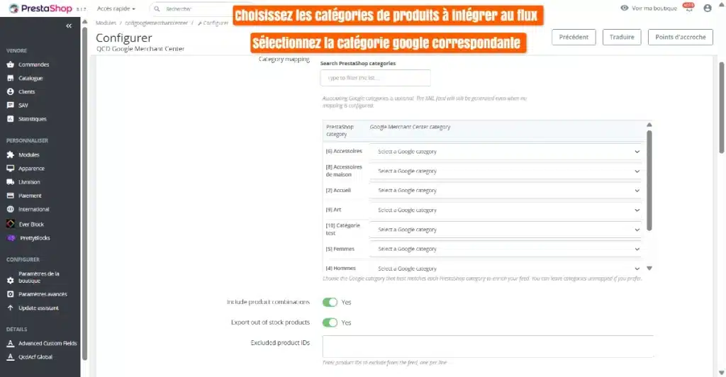 Module prestashop google merchant center choix catégories