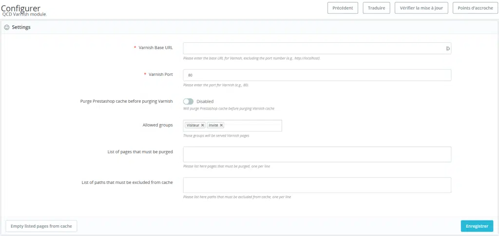 module prestashop QCD varnish configuration du module de cache