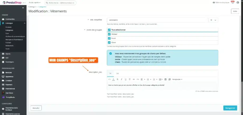 Le nouveau champs éditable dans la catégorie Prestashop