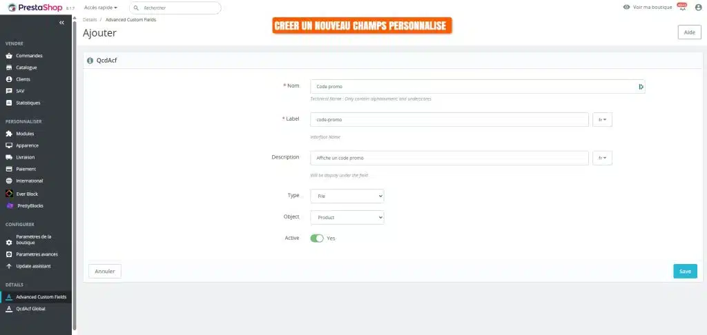 Création de champs personnalisés Prestashop
