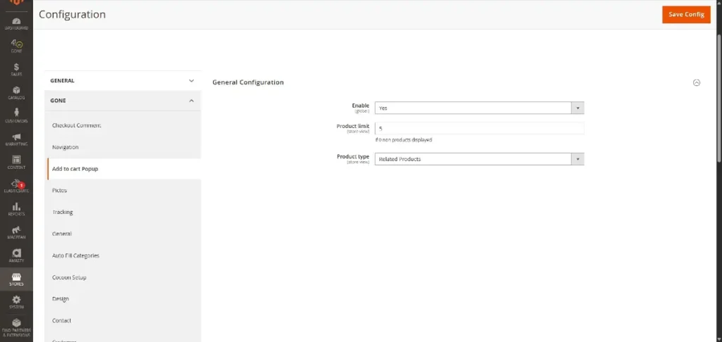 Interface de configuration de la pop-up