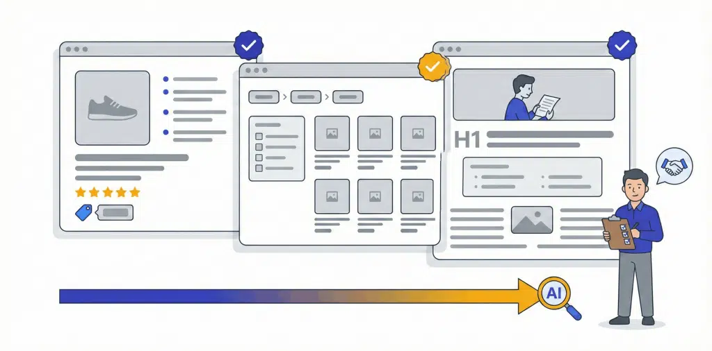 Trois types de pages e-commerce compatibles GEO : fiche produit avec avis et spécifications, page catégorie avec filtres, et guide d'achat éditorial, avec processus d'audit IA représenté par une flèche et consultant validant la checklist