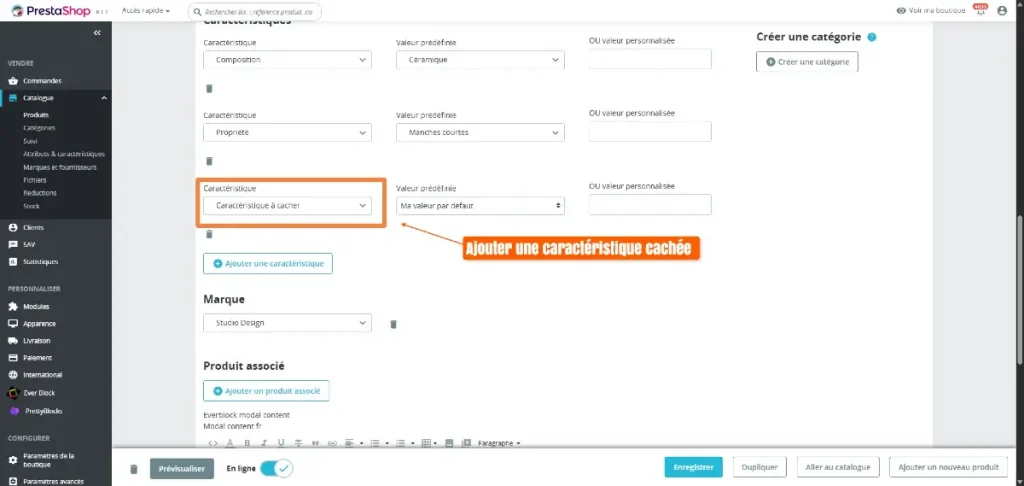 Caractéristique produit à cacher en front