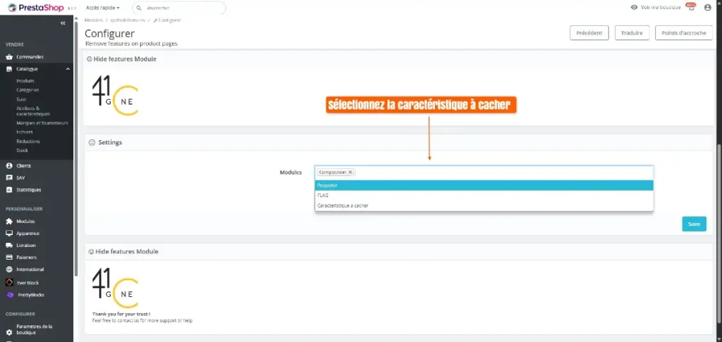 Sélection des caractéristiques produits à cacher sur une boutique Prestashop