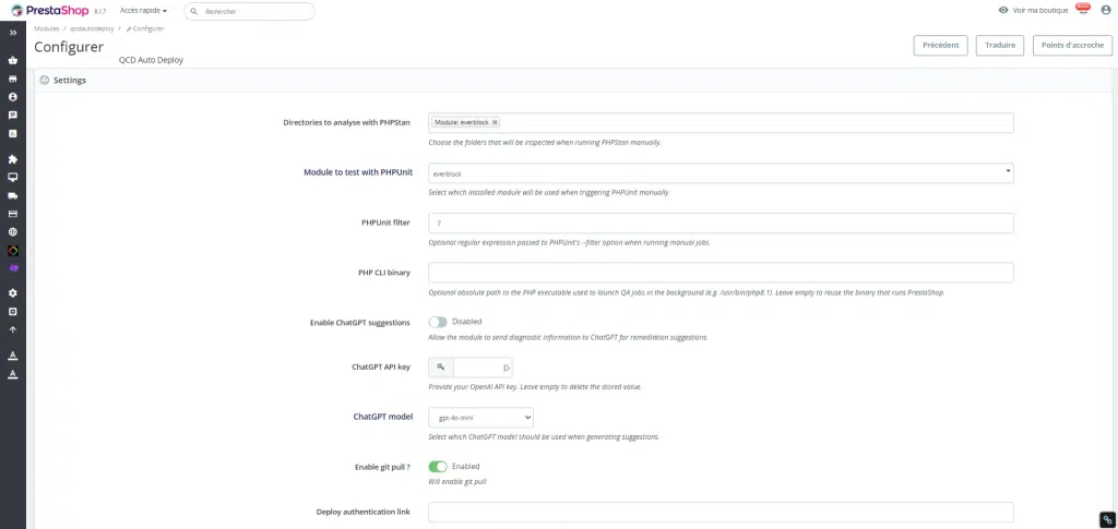 Liste des informations de configuration du module de déploiement automatique Prestashop