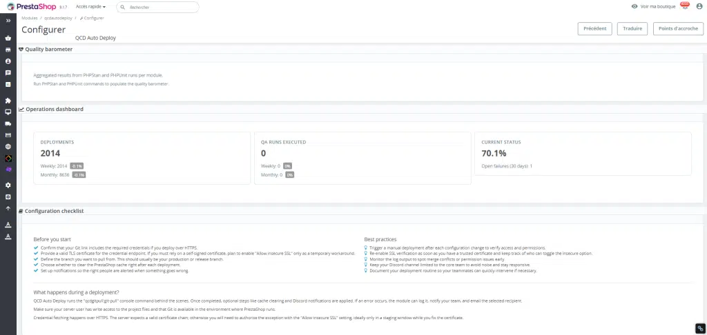 Tableau de bord des opérations de déploiement automatique dans Prestashop