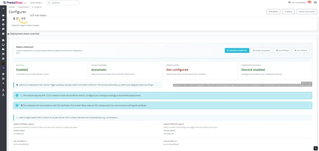 Liste des informations de statuts de déploiement automatique dans Prestashop