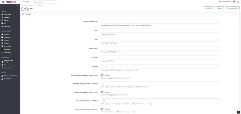 Liste des informations de configuration du module de sauvegarde Prestashop