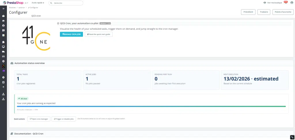 Tableau de bord du statut des crons Prestashop