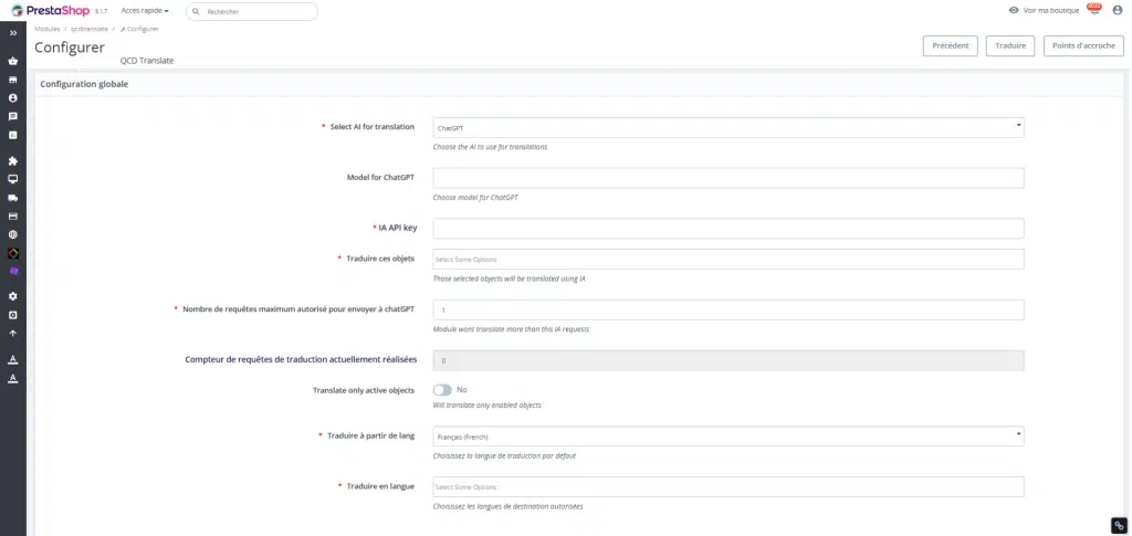 Liste des configurations de traduction dans Prestashop