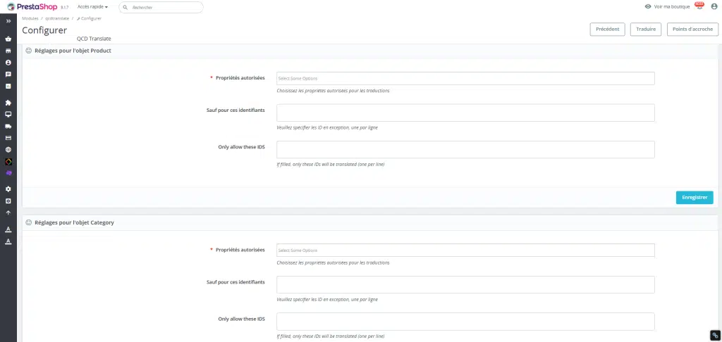 Réglage des objets de traduction de Prestashop