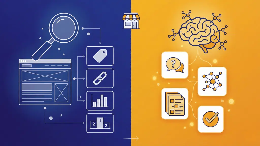 Schéma comparatif entre ce que Google analyse sur un site e-commerce (balises, backlinks, positions) et ce qu'un LLM recherche (contexte d'usage, relations entre entités, structure sémantique)