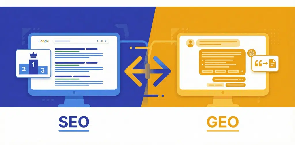Comparatif visuel entre SEO et GEO : à gauche, résultats Google classiques avec podium de positionnement sur fond bleu ; à droite, interface conversationnelle IA avec citations sur fond jaune