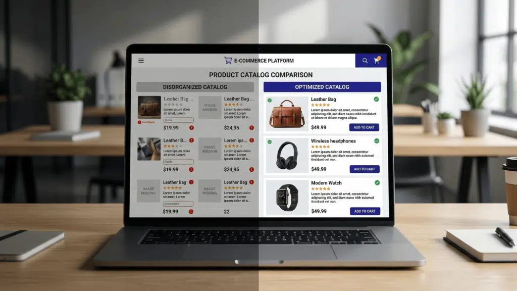 Comparaison avant/après d'un catalogue produit e-commerce sur écran, illustrant l'impact d'une gouvernance des données défaillante versus maîtrisée.