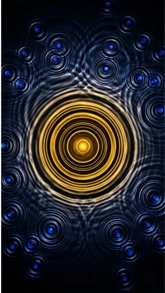 Ensemencement de sources pour l'autorité de marque : ondes concentriques d'une source centrale dorée rejointes par de multiples sources extérieures bleues, symbolisant la convergence des mentions tierces qui renforcent la crédibilité auprès des LLM