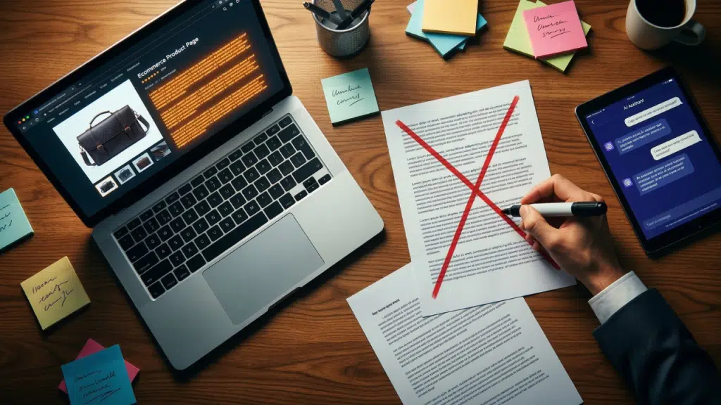 Vue en plongée d'un bureau avec un laptop affichant une fiche produit e-commerce, une main barrant un document imprimé d'une croix rouge au marqueur, et une tablette montrant une interface de conversation IA, symbolisant le passage du SEO classique au GEO.
