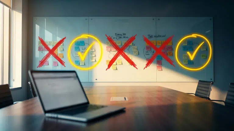 Tableau blanc dans une salle de réunion avec des post-its organisés en 5 groupes, 3 barrés en rouge et 2 validés en jaune, illustrant les croyances sur le GEO en e-commerce