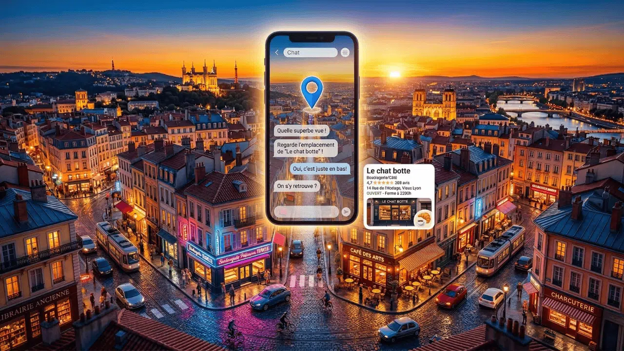 Smartphone affichant une interface IA avec des résultats géolocalisés, au-dessus d'une rue commerçante française vue du ciel.