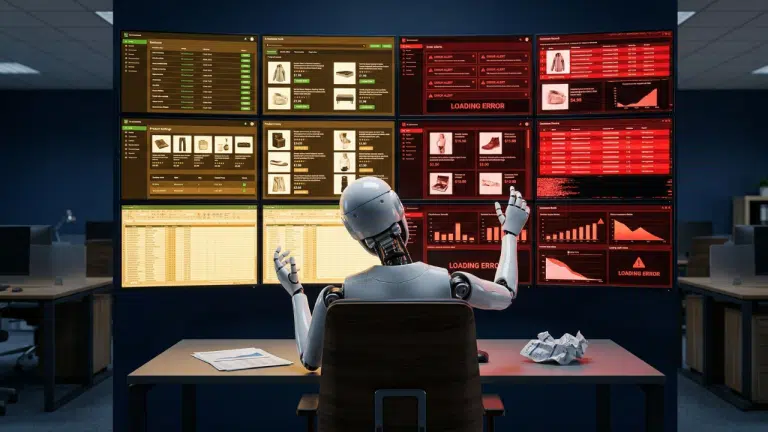 Un robot IA assis devant un mur d'écrans e-commerce, bloqué entre des données produits organisées et des données corrompues affichant des erreurs, illustrant l'échec de l'intelligence artificielle sans gouvernance des données.