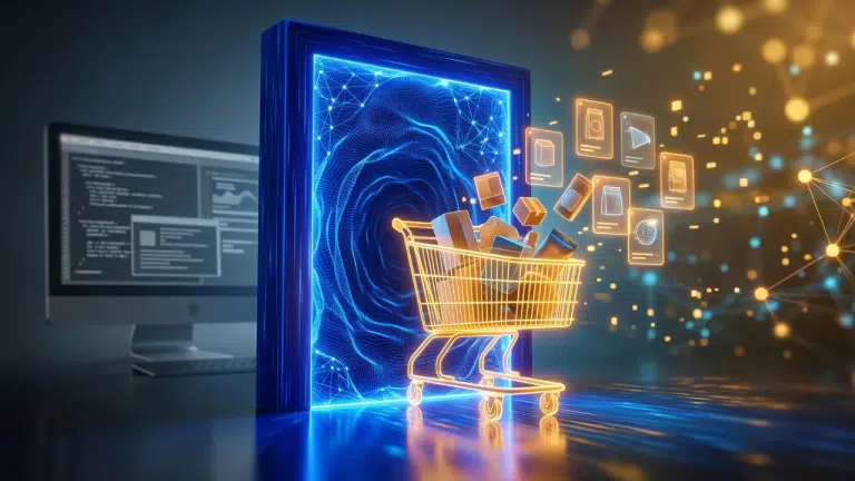 Un chariot e-commerce lumineux traverse un portail d'intelligence artificielle, transformant des produits classiques en fiches holographiques, illustrant l'intégration de l'IA générative dans les stratégies d'acquisition e-commerce.
