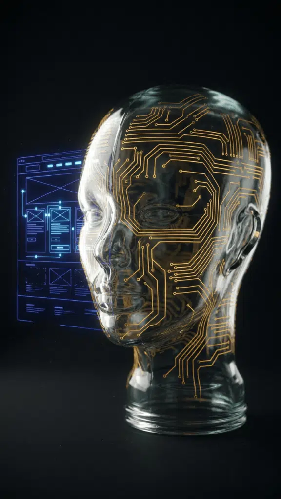 Optimisation technique pour les LLM : tête transparente aux circuits dorés analysant un wireframe de site e-commerce dont certaines sections sont connectées et d'autres brisées, illustrant les points de blocage techniques invisibles pour les crawlers IA