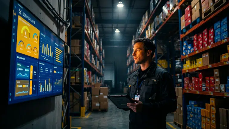 Responsable e-commerce consultant un tableau de bord de gestion des stocks en temps réel dans un entrepôt