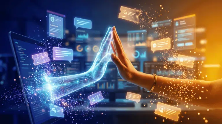 Main humaine et main numérique se rejoignant au centre d'une interface d'e-commerce, illustrant l'équilibre entre automatisation et relation client