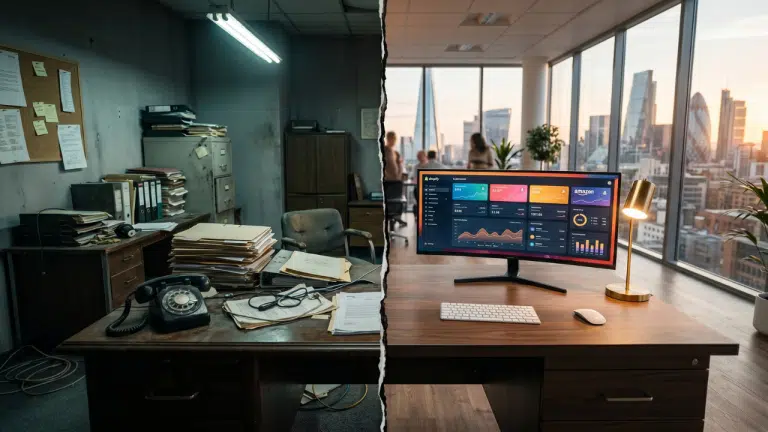 Bureau coupé en deux illustrant la transformation digitale : côté gauche un espace de travail traditionnel encombré de dossiers papier, côté droit un poste moderne avec des tableaux de bord e-commerce