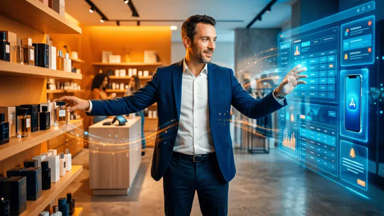 Responsable retail au centre d'un concept store connecté, une main sur un produit en boutique, l'autre interagissant avec un tableau de bord e-commerce holographique illustrant l'unification des canaux physiques et digitaux.